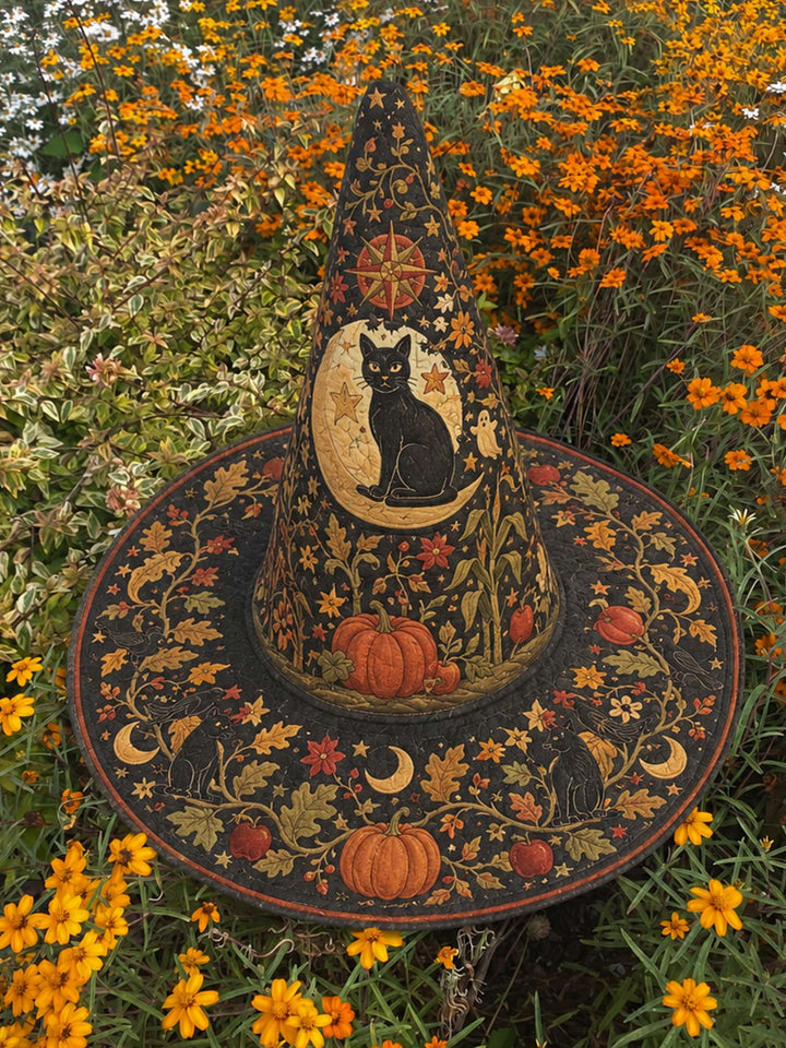 Black Cat Autumn Garden Handcrafted Quilted Witch Hat