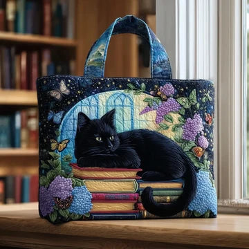 Quilted Bag Featuring Black Cat and Books – Perfect Gift Idea