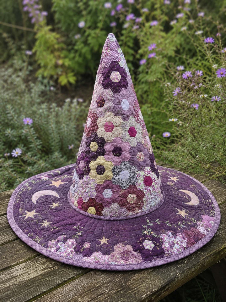 Hexagon Patchwork Celestial Handcrafted Quilted Witch Hat