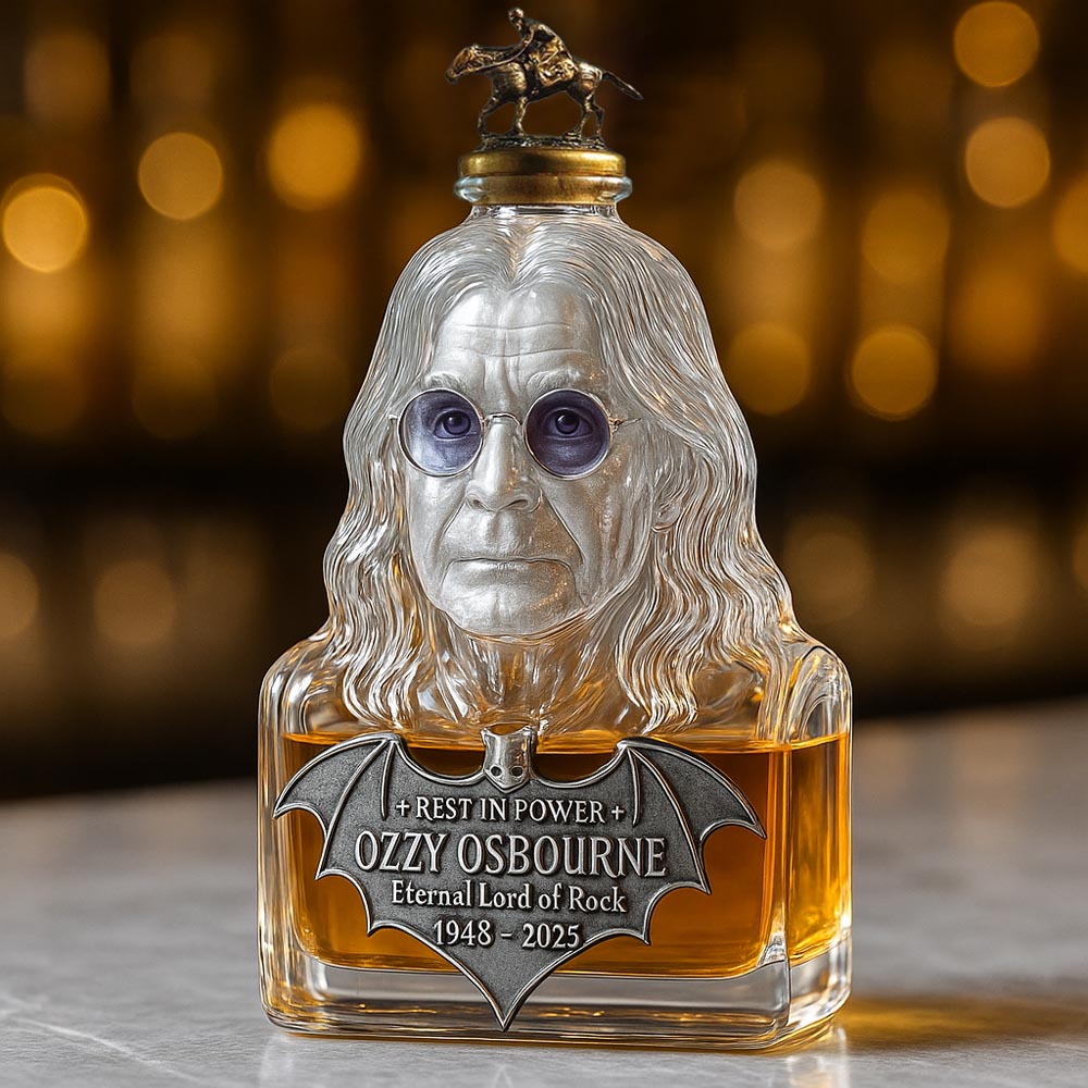 Whisky Bottle Tribute to Ozzy Osbourne in Glass Display Case