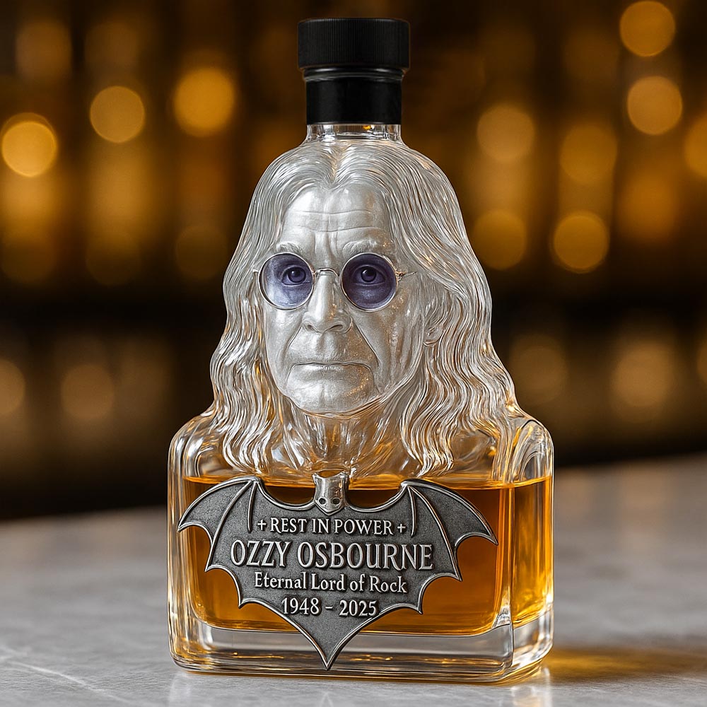 Whisky Bottle Tribute to Ozzy Osbourne in Glass Display Case