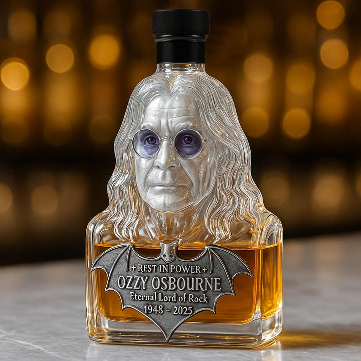 Whisky Bottle Tribute to Ozzy Osbourne in Glass Display Case