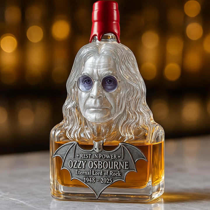 Whisky Bottle Tribute to Ozzy Osbourne in Glass Display Case
