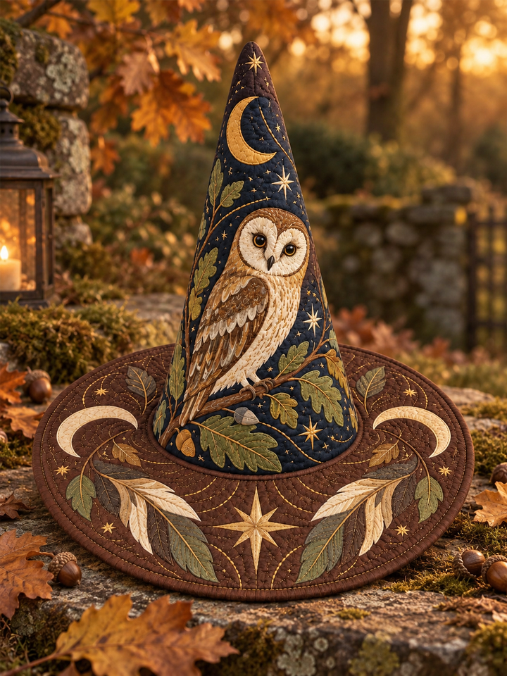 Moonlit Owl Woodland Gothic Handcrafted Quilted Witch Hat