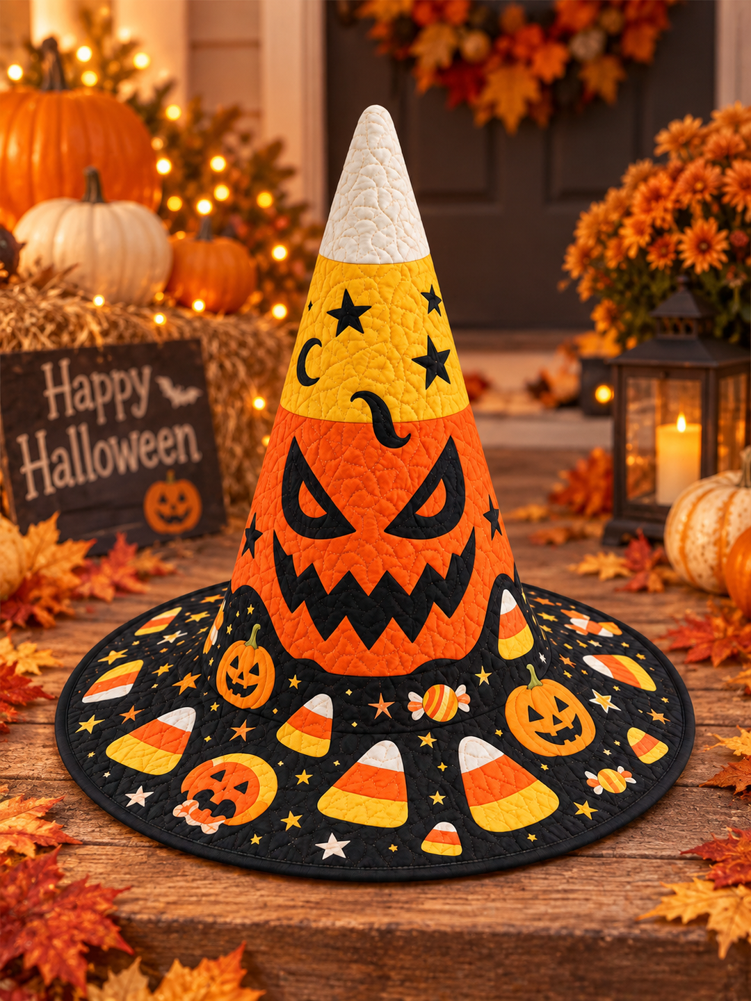 Candy Corn Pumpkin Halloween Handcrafted Quilted Witch Hat