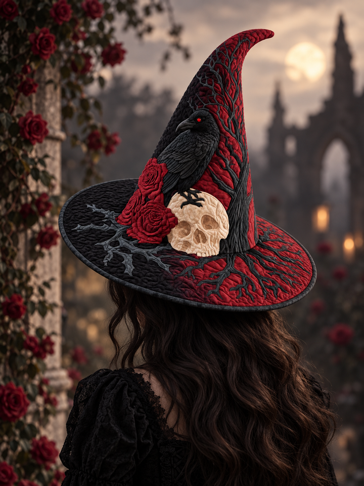 Crimson Raven Skull Rose Gothic Handcrafted Quilted Witch Hat