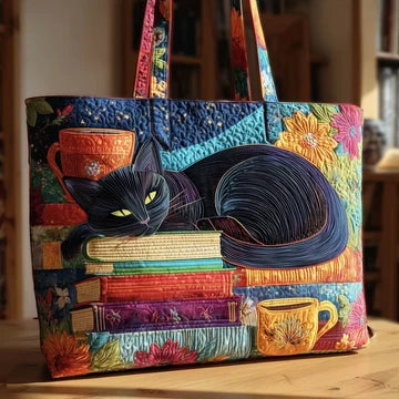 Women's Tote featuring Black Cat, Books, and Mugs – Available in Two Sizes