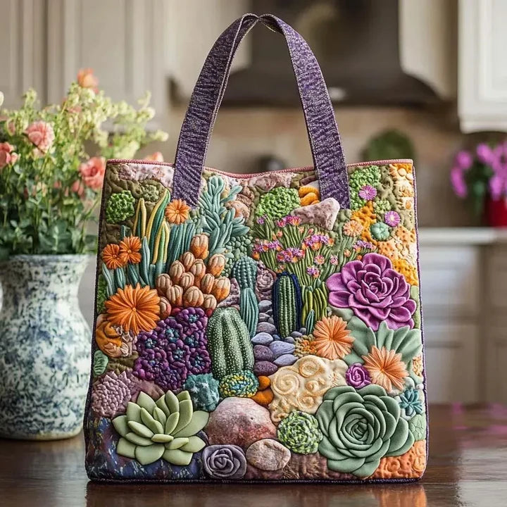 Succulent Garden Quilted Floral Tote Bag – Available in Two Sizes