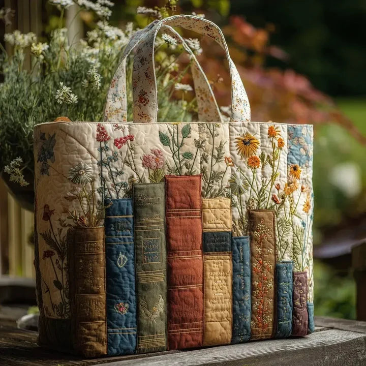 Quilted Tote with Floral Accents and Books – Perfect for Book Enthusiasts