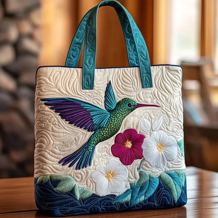 Floral Quilted Bag Featuring Hummingbird and White Flower – Available in Two Sizes