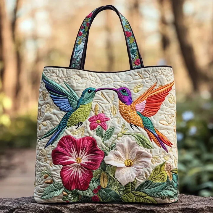 Floral Quilted Bag Featuring Hummingbirds and White Blooms – Available in Two Sizes