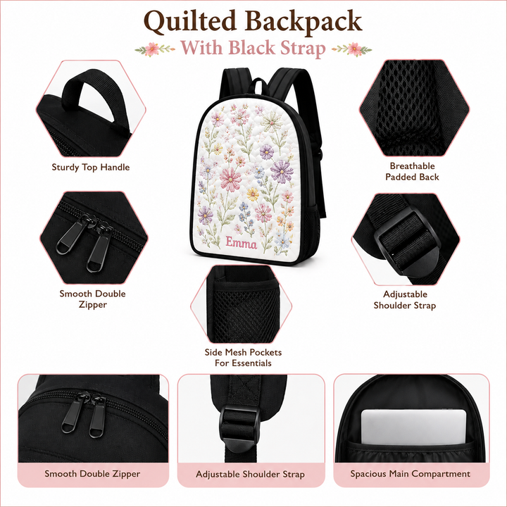 Floral-Quilted Black Cat Backpack with Black Strap - Model TN01