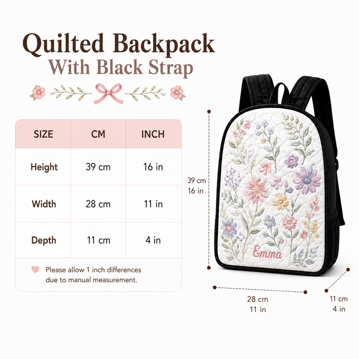 Floral-Quilted Black Cat Backpack with Black Strap - Model TN01