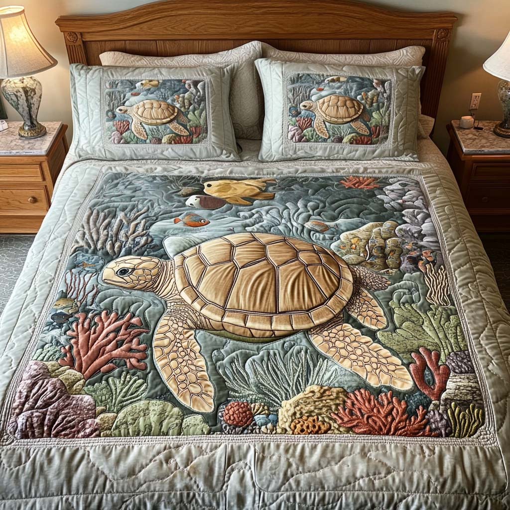 3-Piece Marine Turtles Quilted Bed Set
