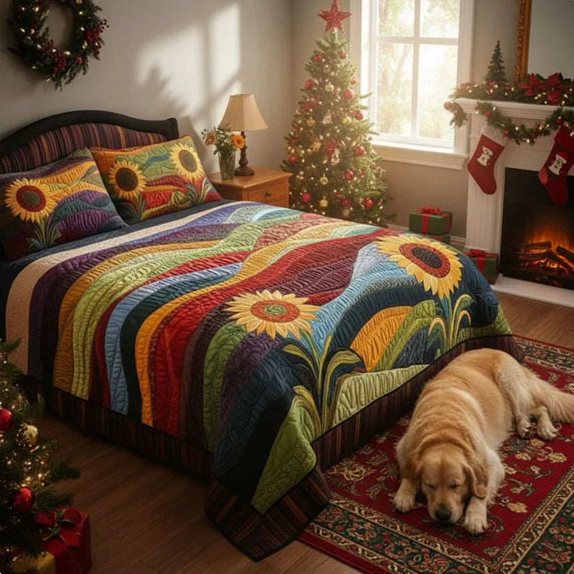 3-Piece Sunflower Field Quilted Bed Set