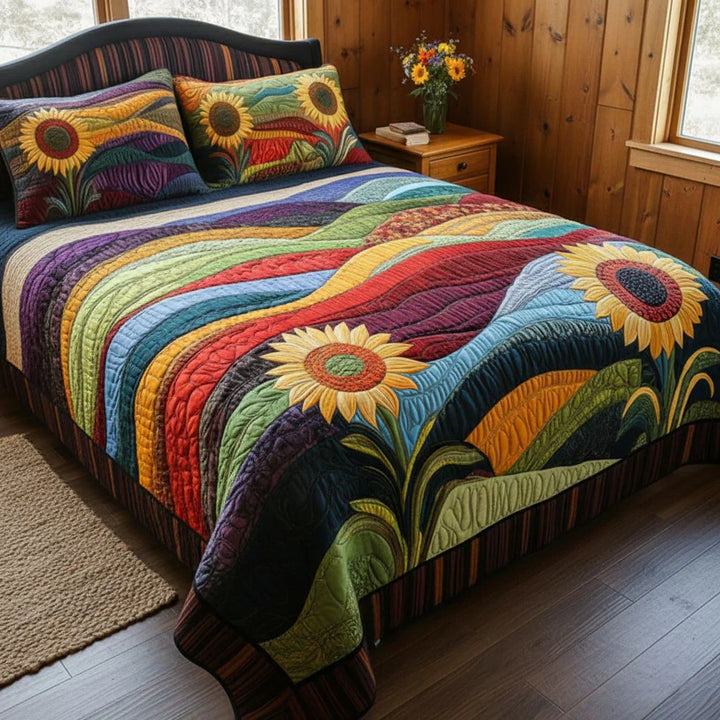 3-Piece Sunflower Field Quilted Bed Set