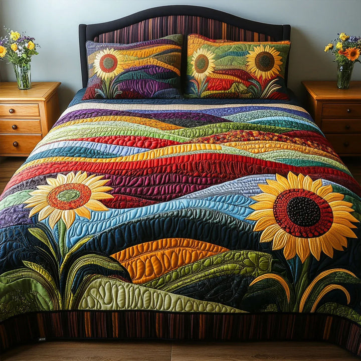 3-Piece Sunflower Field Quilted Bed Set