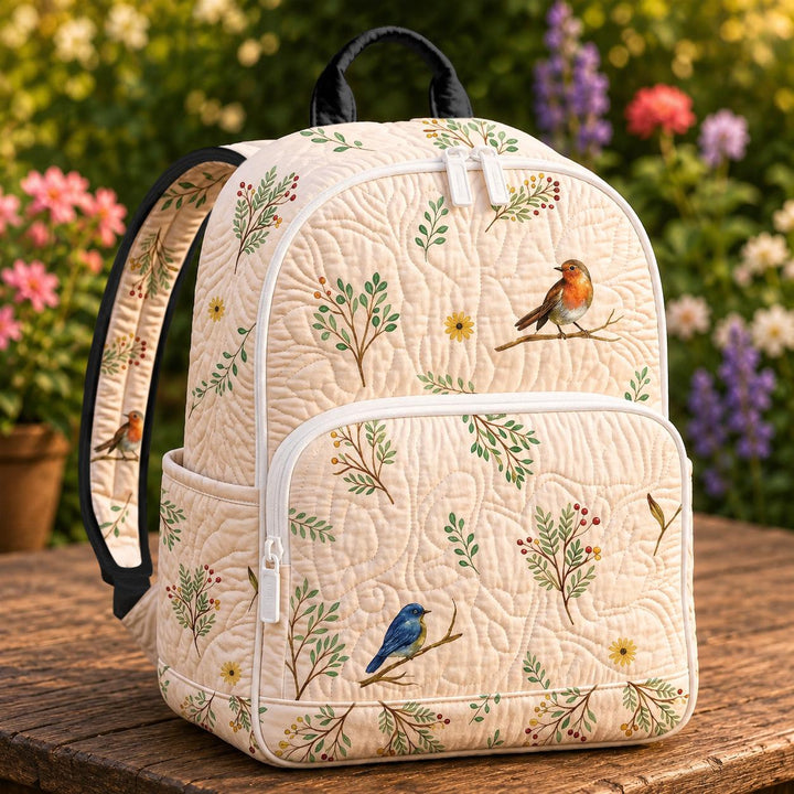 LD09 Quilted Backpack with Robin Bird and Botanical Design