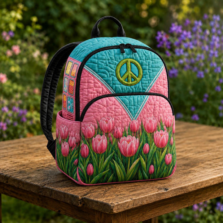 LD18 Quilted Backpack with Peace Sign Tulip Design - Hippie Style