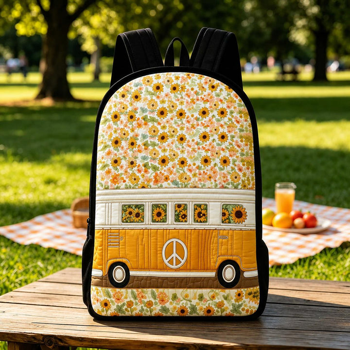 Quilted Hippie Van Sunflower Backpack with Black Strap - Model LD01