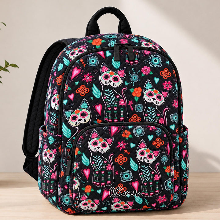 Personalized Quilted Backpack - Day of the Dead Cat Design LV59