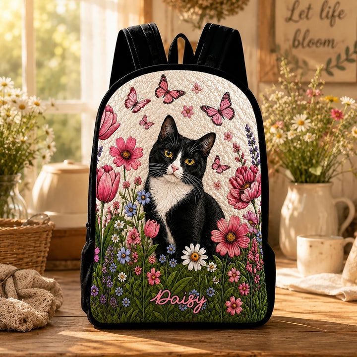 Personalized Quilted Backpack Featuring Adorable Black Cat and Daisies with Black Strap - LV05