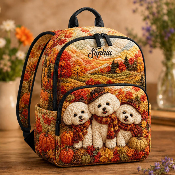 Adorable Quilted Backpack with Customizable Cute Pumpkin & Puppies Design - TG29