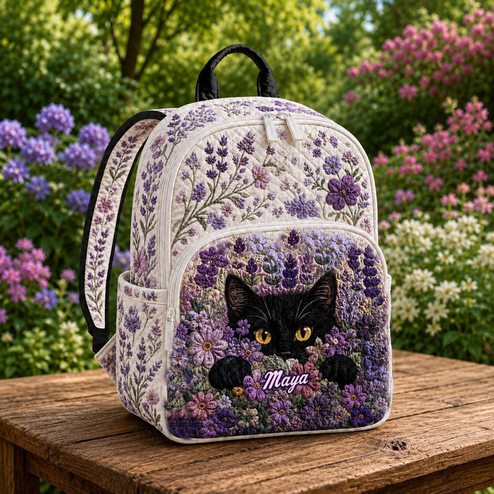 Custom Quilted Backpack with Black Cat & Purple Lavender Design - TN22