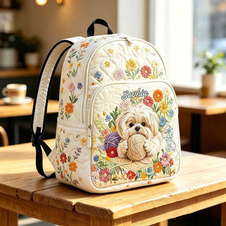 Personalized Quilted Backpack with Adorable Dog and Floral Design TN37