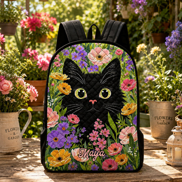 Floral-Quilted Black Cat Backpack with Black Strap - Model TN01