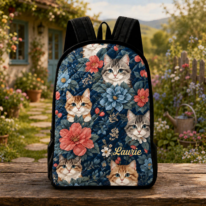 Personalized Quilted Backpack with Adorable Kitten and Flower Design & Black Strap - TP10