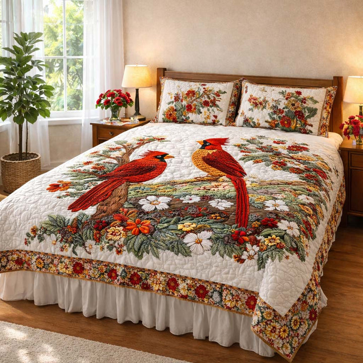 3-Piece Quilted Bedding Set - Cardinal Love Dance