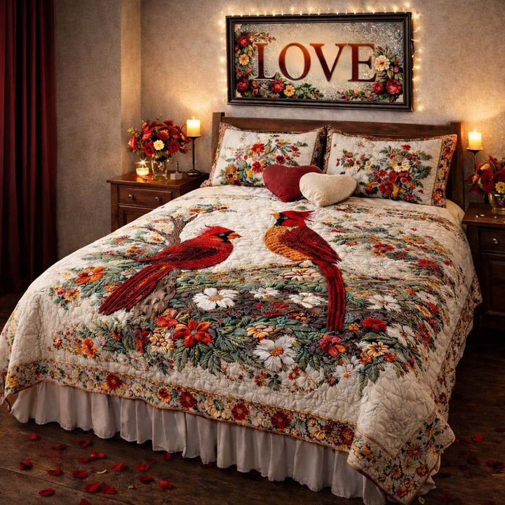 3-Piece Quilted Bedding Set - Cardinal Love Dance
