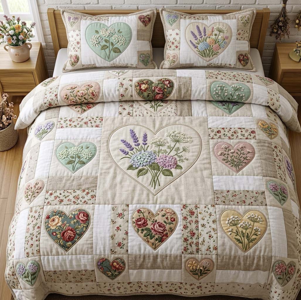 Flower Patchwork 3-Piece Quilted Bedding Set