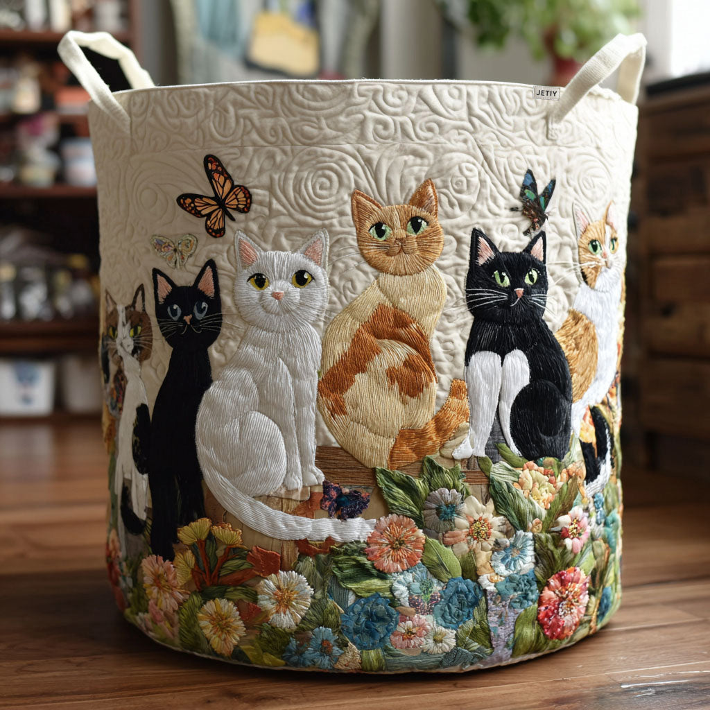 Handcrafted Laundry Basket with Garden Cats Design