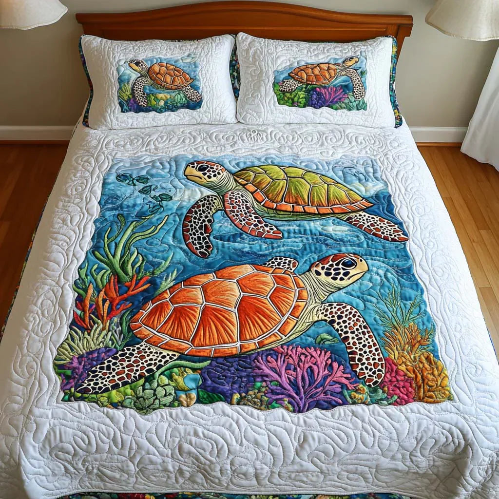 3-Piece Marine Turtles Quilted Bed Set