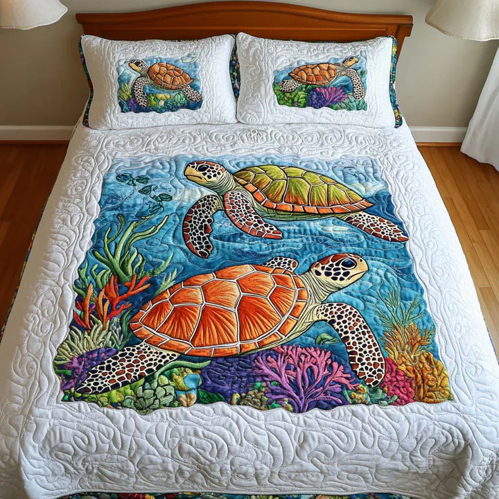 3-Piece Marine Turtles Quilted Bed Set