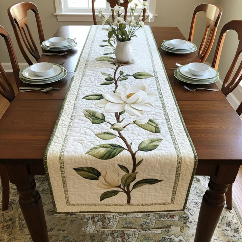 Rustic Magnolia Flower Quilted Table Runner