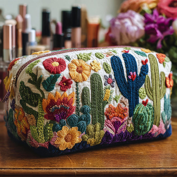 Succulent-Patterned Quilted Cosmetic Bag - NCU0PT9630