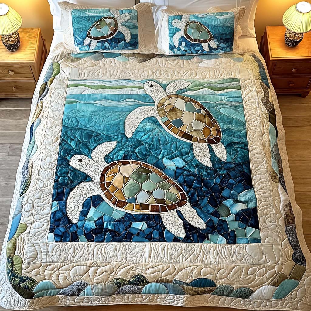 3-Piece Marine Turtles Quilted Bed Set