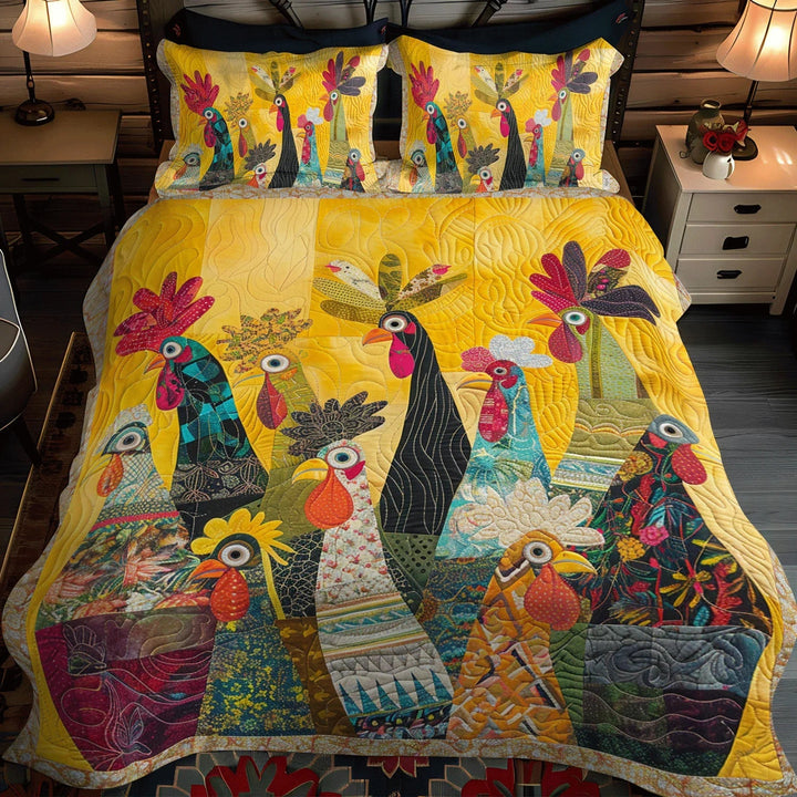 3-Piece Quilted Bed Set - Dawn's Rooster Design