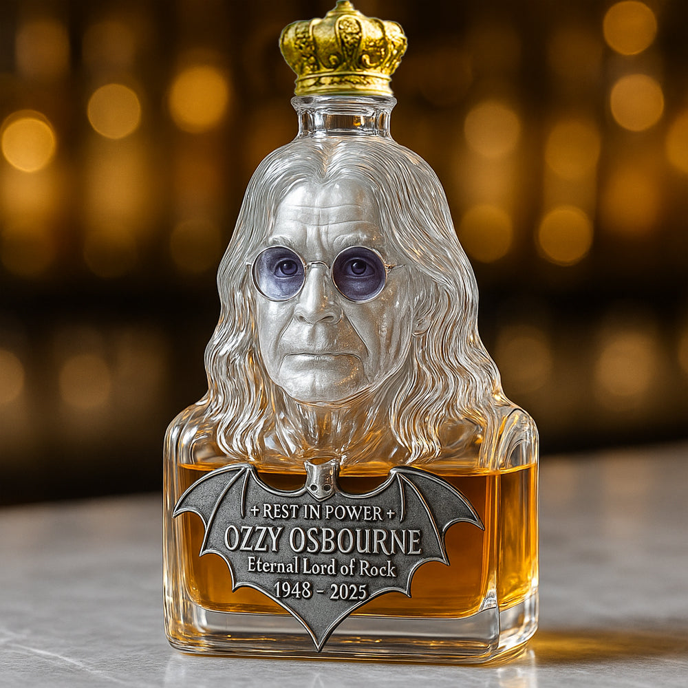 Whisky Bottle Tribute to Ozzy Osbourne in Glass Display Case