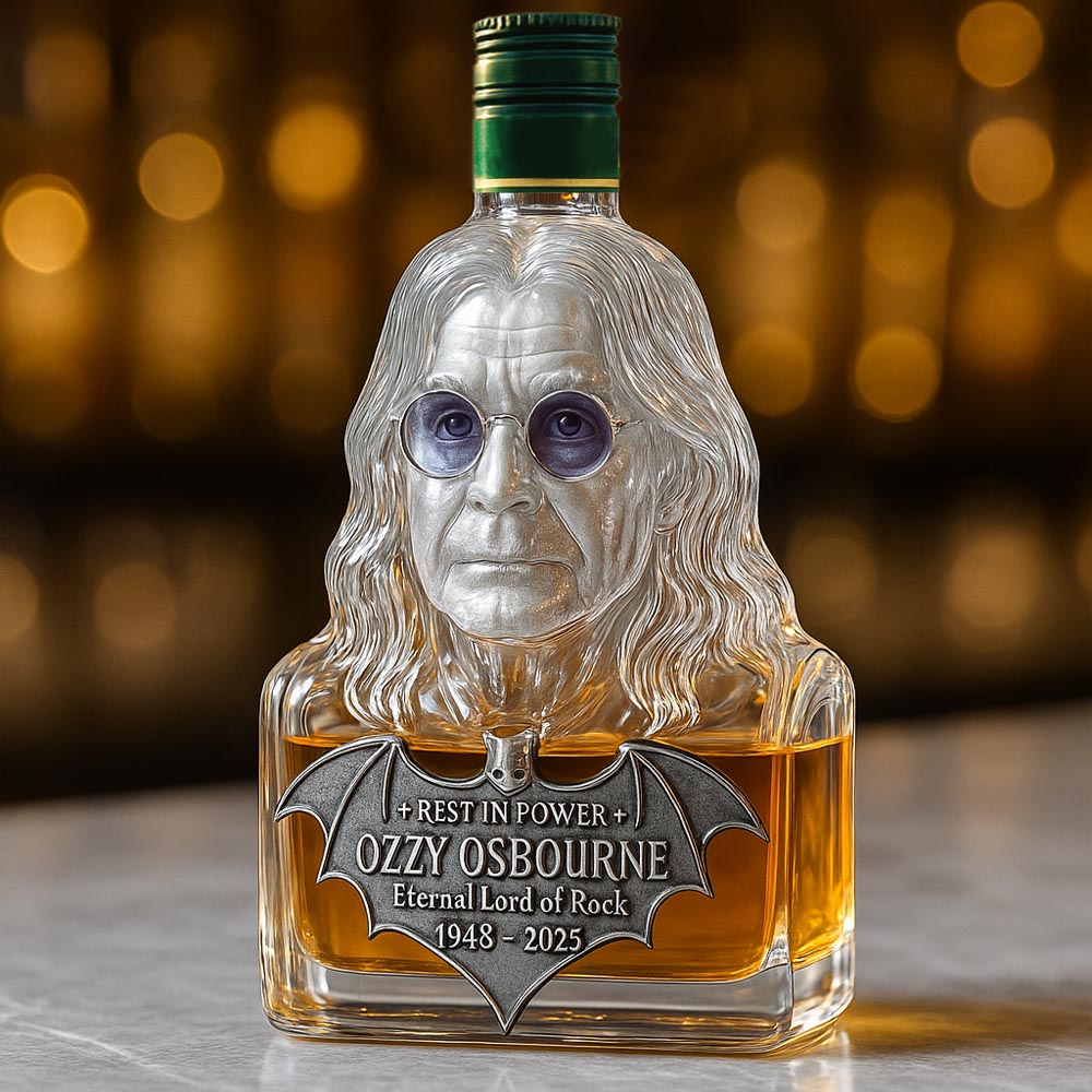Whisky Bottle Tribute to Ozzy Osbourne in Glass Display Case