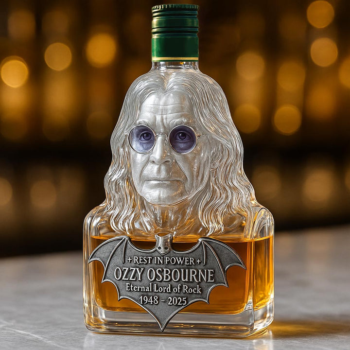 Whisky Bottle Tribute to Ozzy Osbourne in Glass Display Case