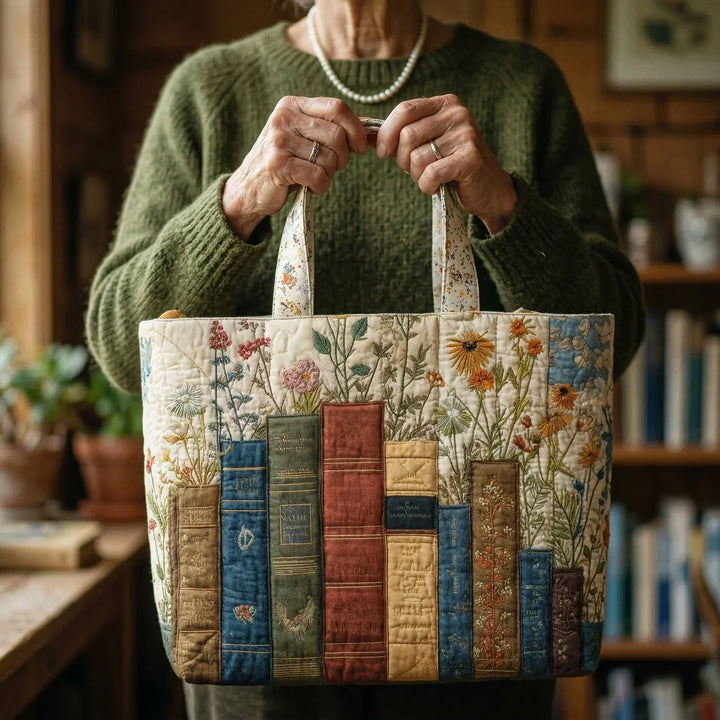 Handcrafted Quilted Tote - Floral & Literary Design