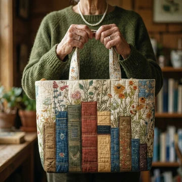 Quilted Tote with Floral Accents and Books – Perfect for Book Enthusiasts