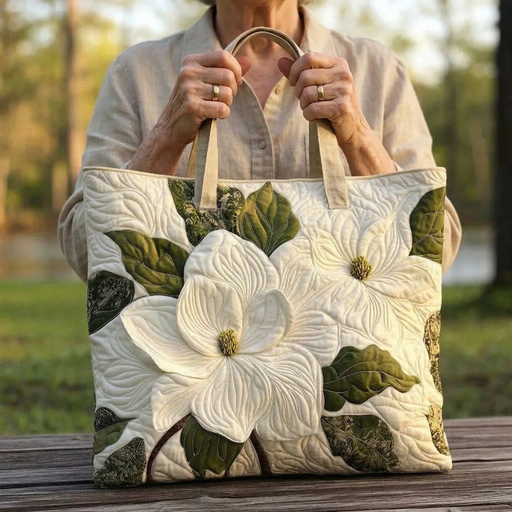 Elegant White Lily Artisan Quilted Tote Bag