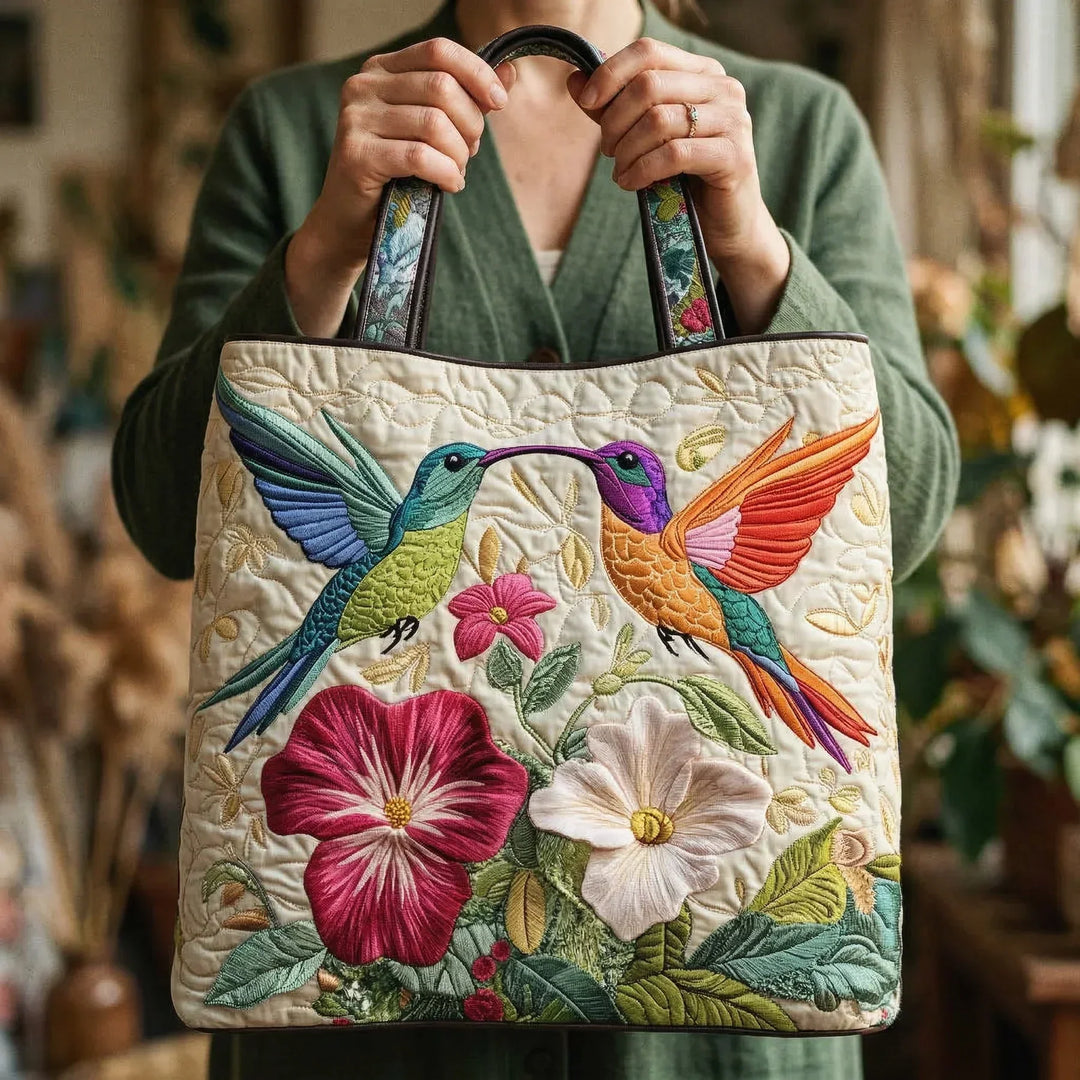 Floral Quilted Bag Featuring Hummingbirds and White Blooms – Available in Two Sizes