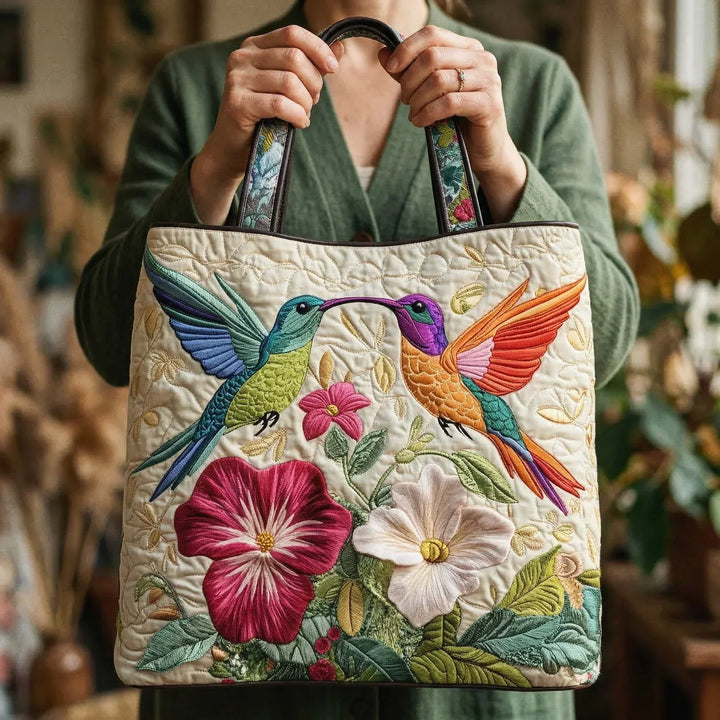 Floral Quilted Bag Featuring Hummingbirds and White Blooms – Available in Two Sizes