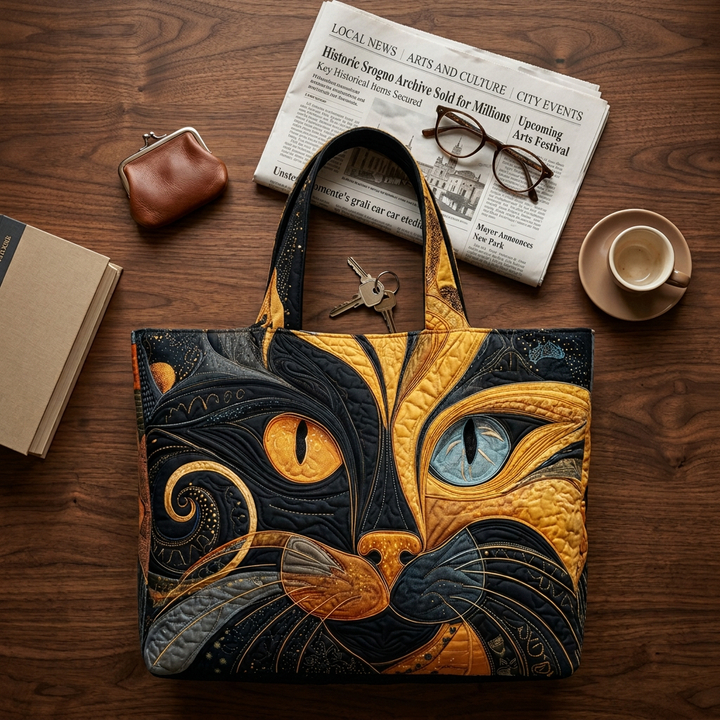 Spacious and Lightweight Quilted Bag - Enigmatic Cat Design